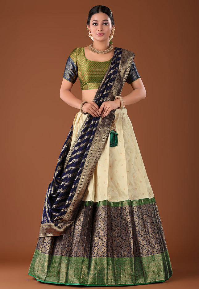 Navy Blue Banarasi Pattu Lehenga