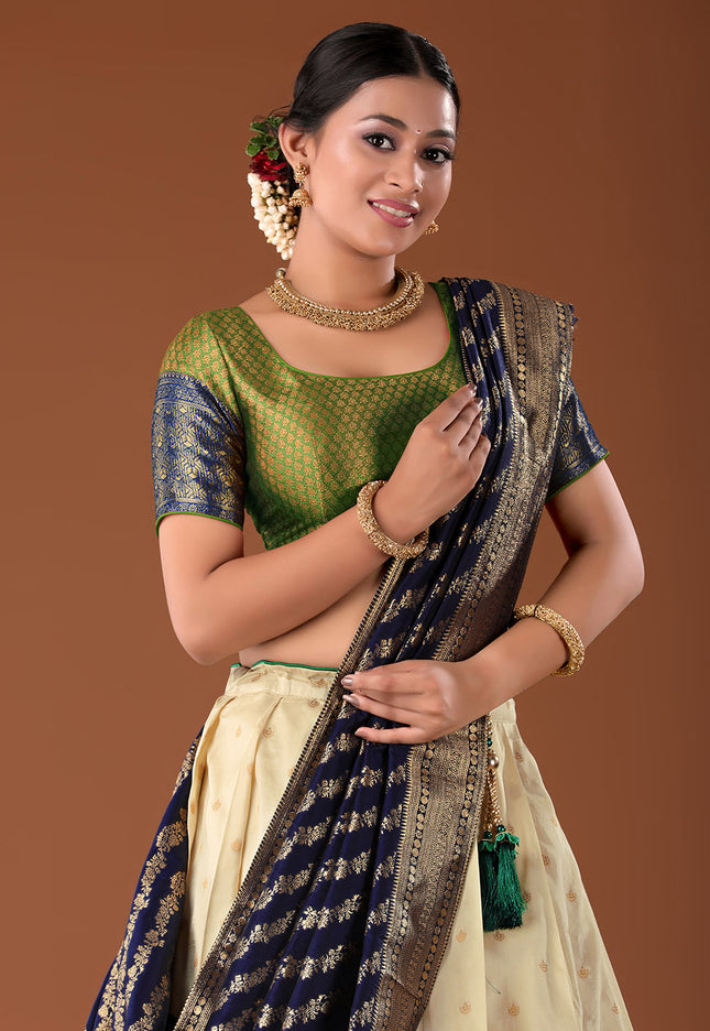 Navy Blue Banarasi Pattu Lehenga
