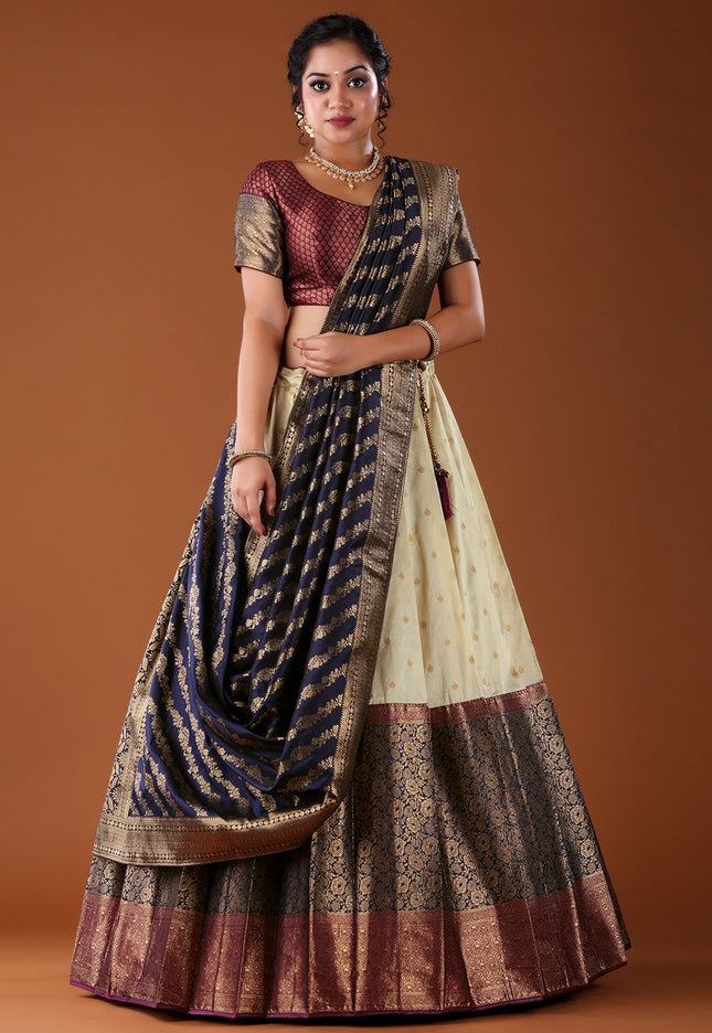 Navy Blue Banarasi Pattu Lehenga