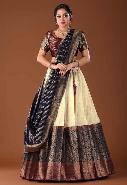 Navy Blue Banarasi Pattu Lehenga