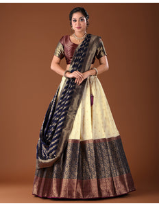 Navy Blue Banarasi Pattu Lehenga