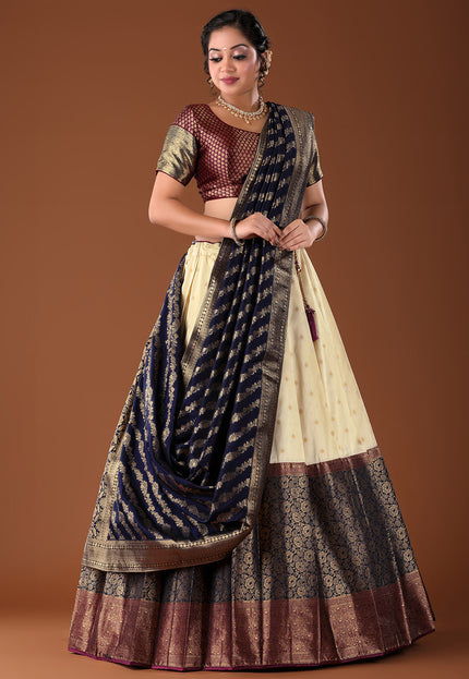 Navy Blue Banarasi Pattu Lehenga