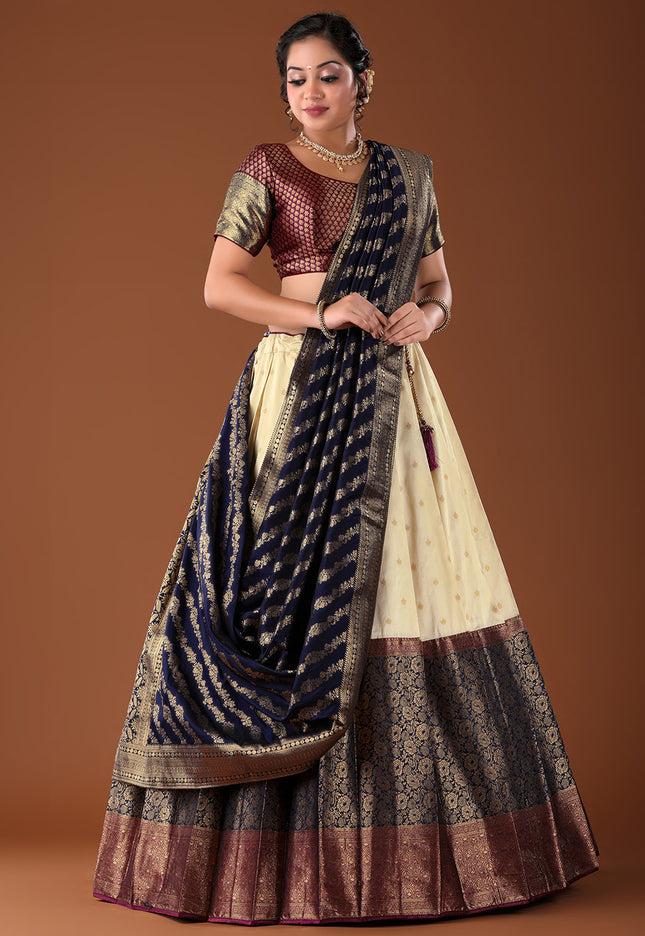 Navy Blue Banarasi Pattu Lehenga