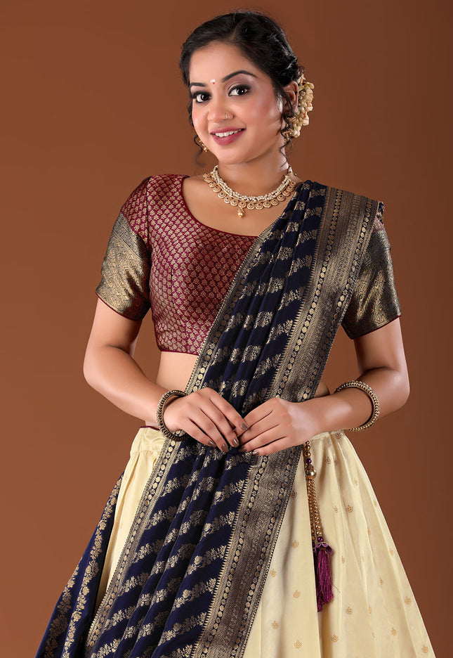 Navy Blue Banarasi Pattu Lehenga