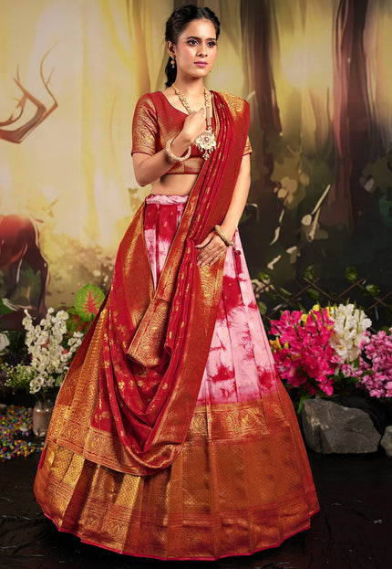 Red Shibori Dyeing Silk Lehenga