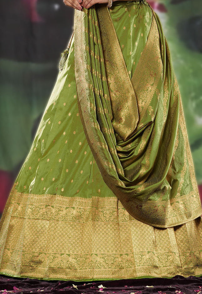 Mehendi Semi-Stitched Lehenga Choli In Banarasi Silk