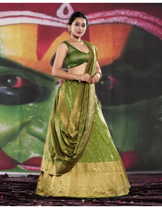 Mehendi Semi-Stitched Lehenga Choli In Banarasi Silk