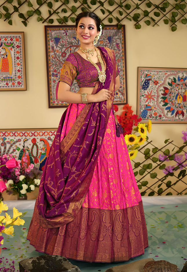Pink Banarasi Pleating Lehenga