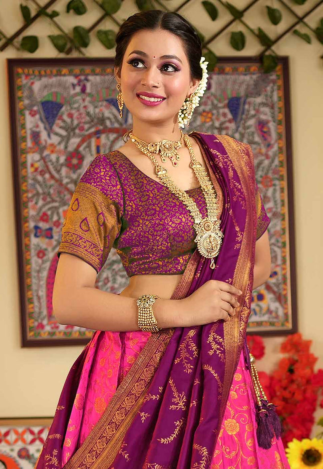 Pink Banarasi Pleating Lehenga