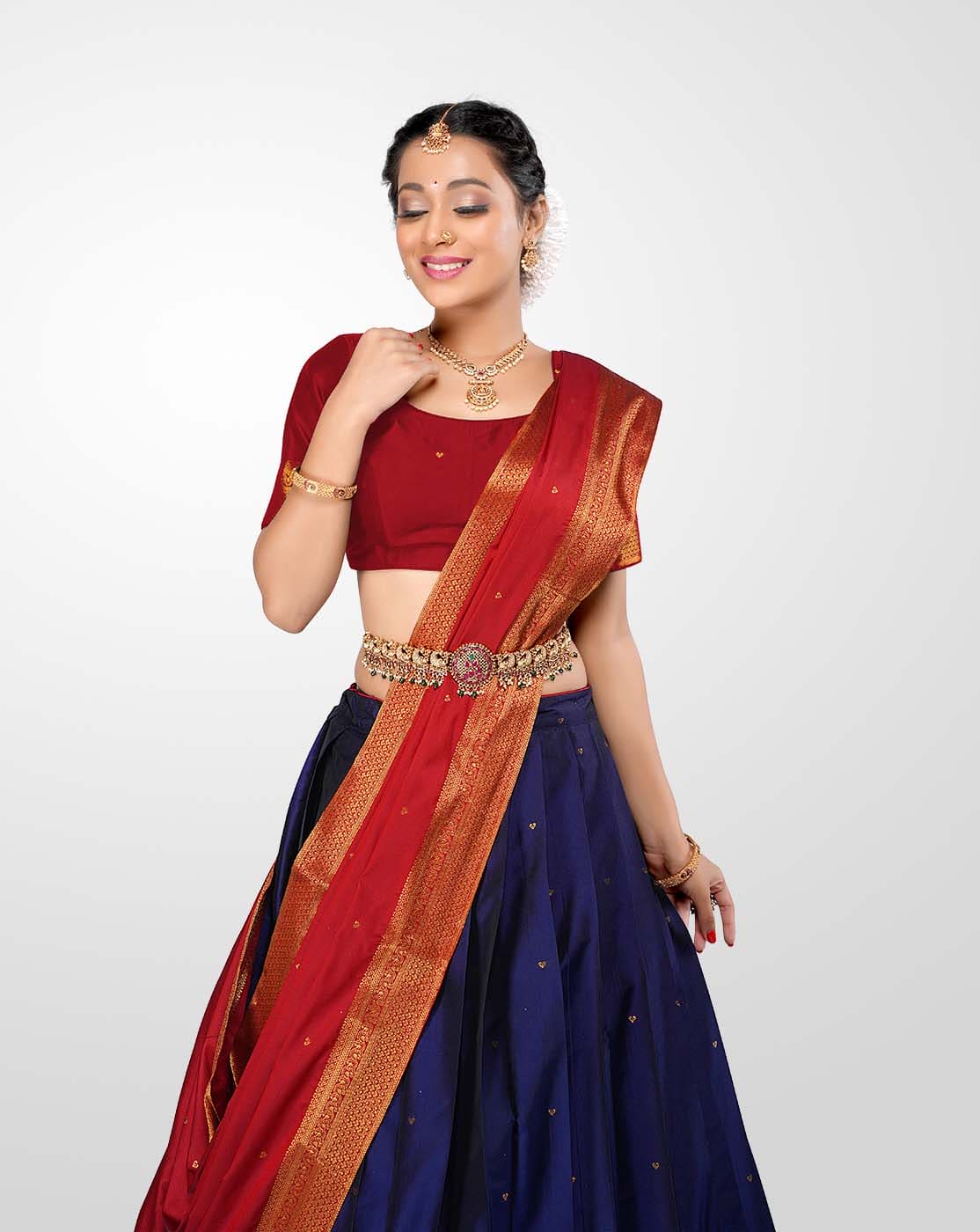 Latest South Indian Style Semi-Stitched Half Saree for Women (Navy Blue) :  Amazon.in: Fashion