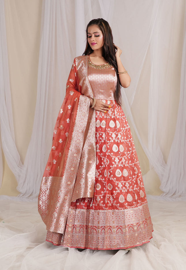 Red Banarasi Silk Gown