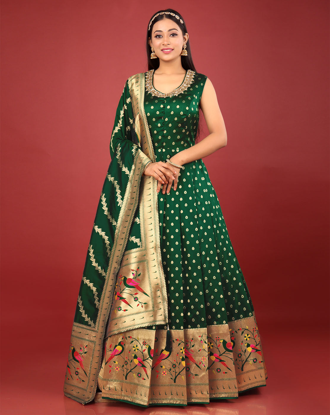 Buy Banarasi Silk Print Work Readymade Gown Online : UK -