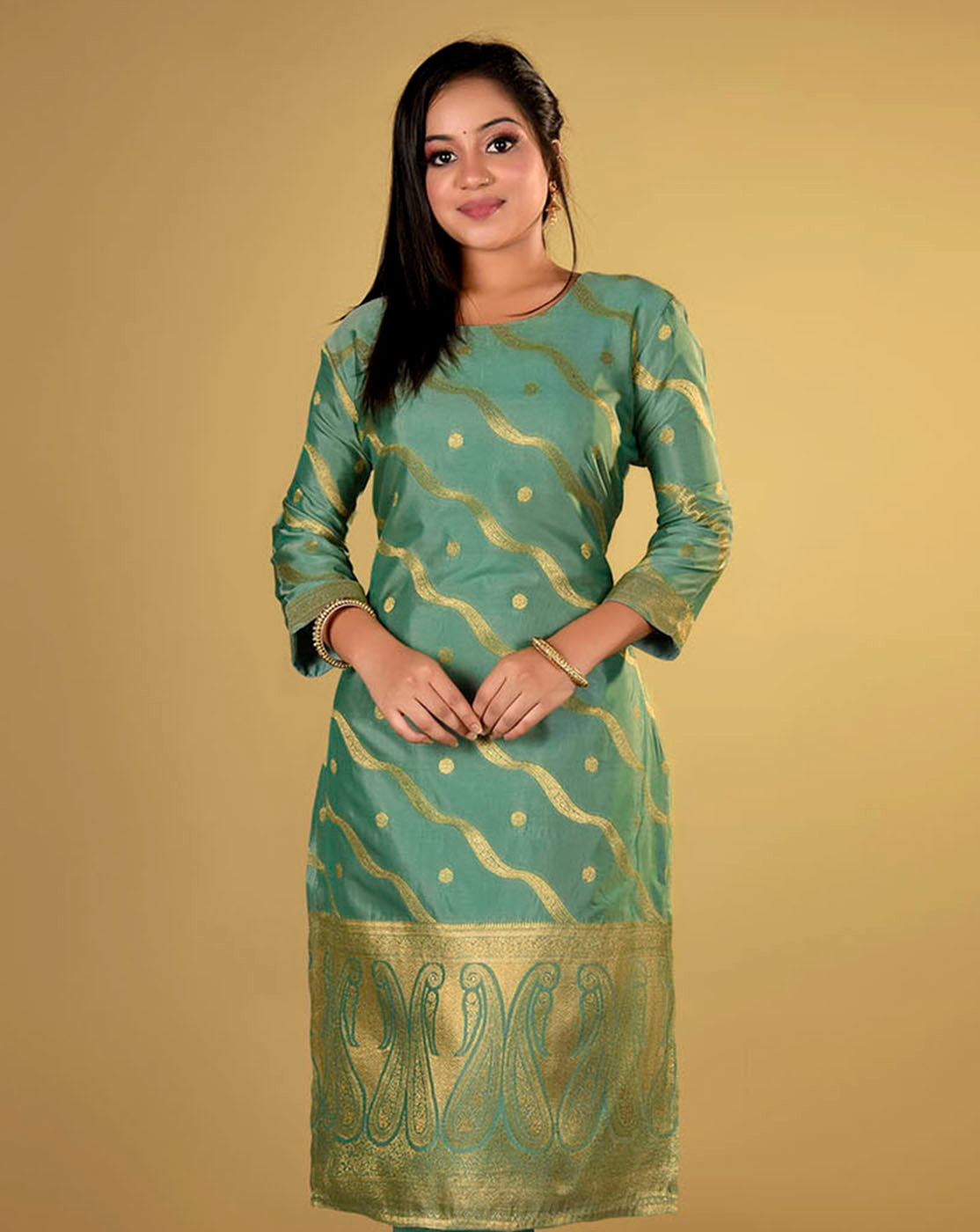 Bottle Green Color Dola Silk Straight Kurti With Trousers & Dupatta – GFH  Collection