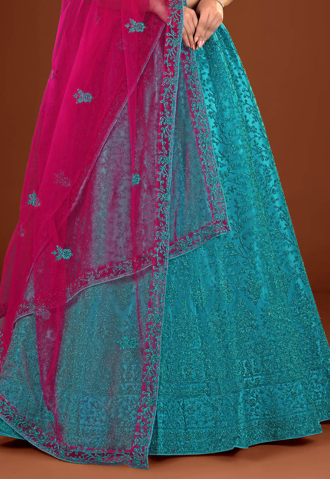 Firozi Party wear Net Lehenga