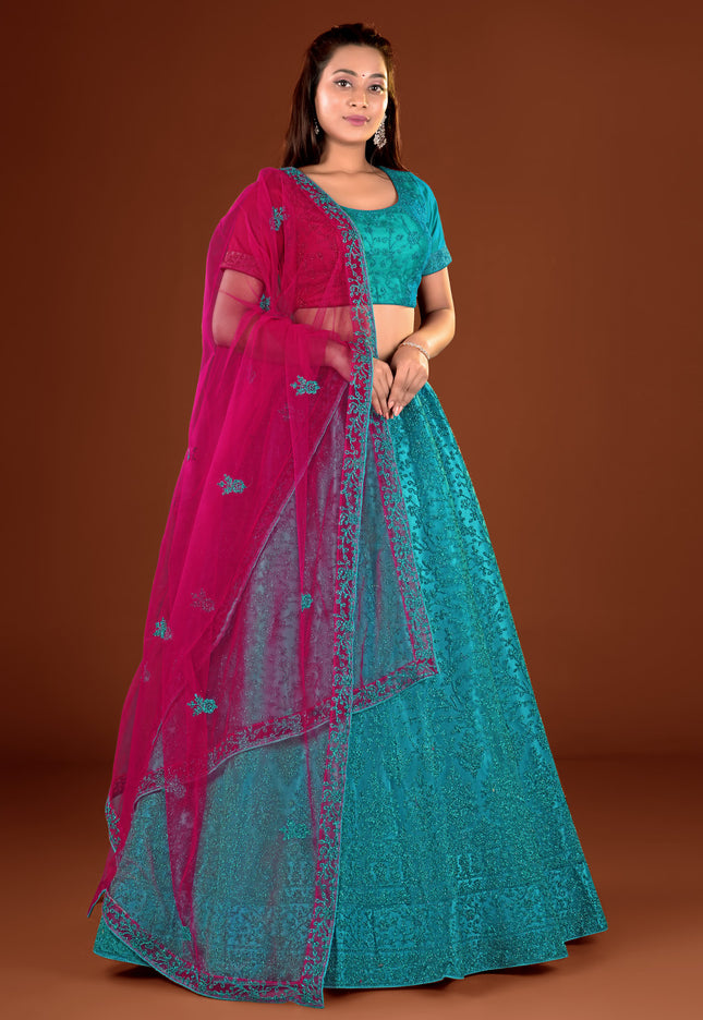 Firozi Party wear Net Lehenga