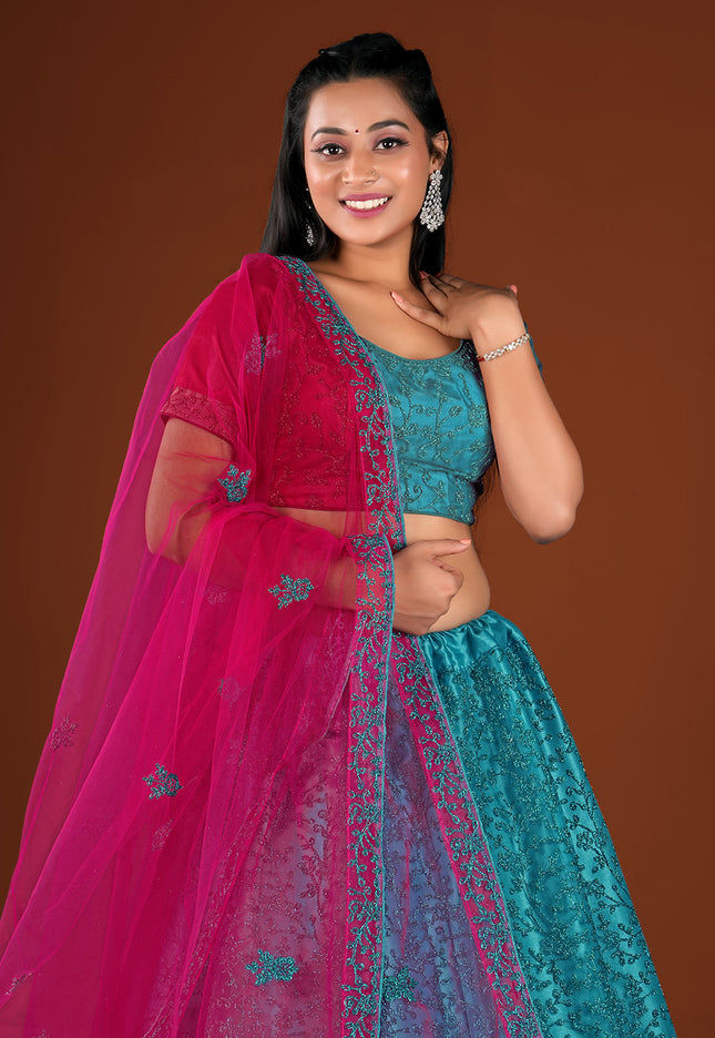 Firozi Party wear Net Lehenga