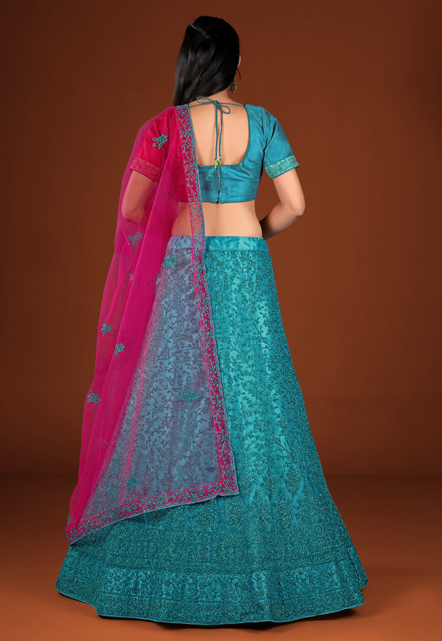 Firozi Party wear Net Lehenga