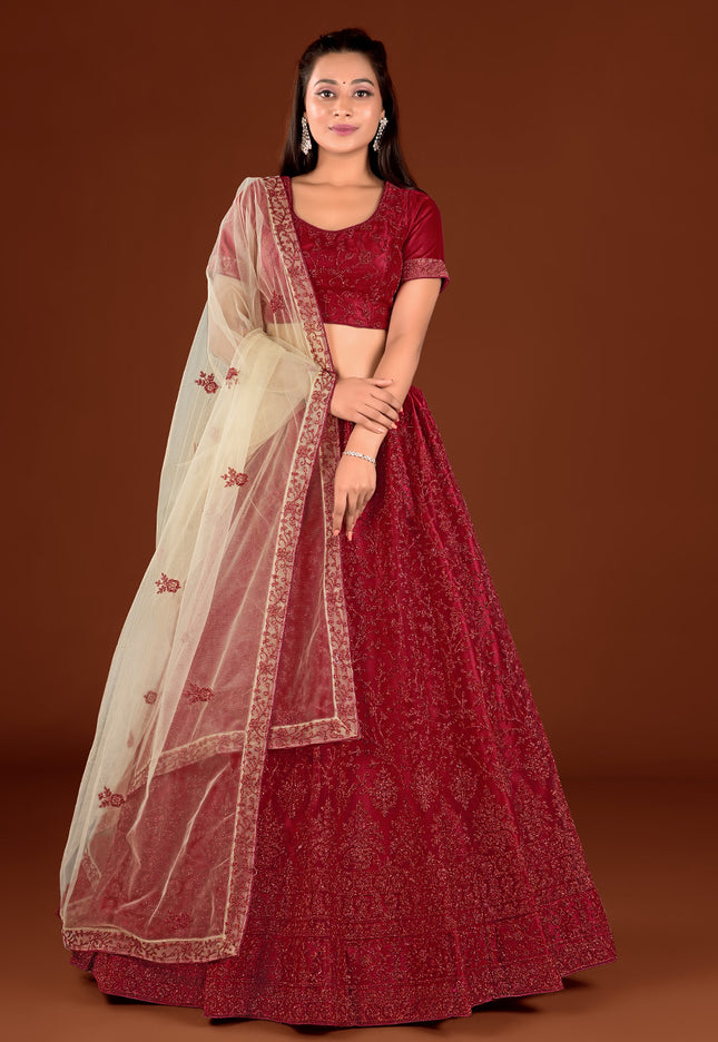 Red Party wear Net Lehenga