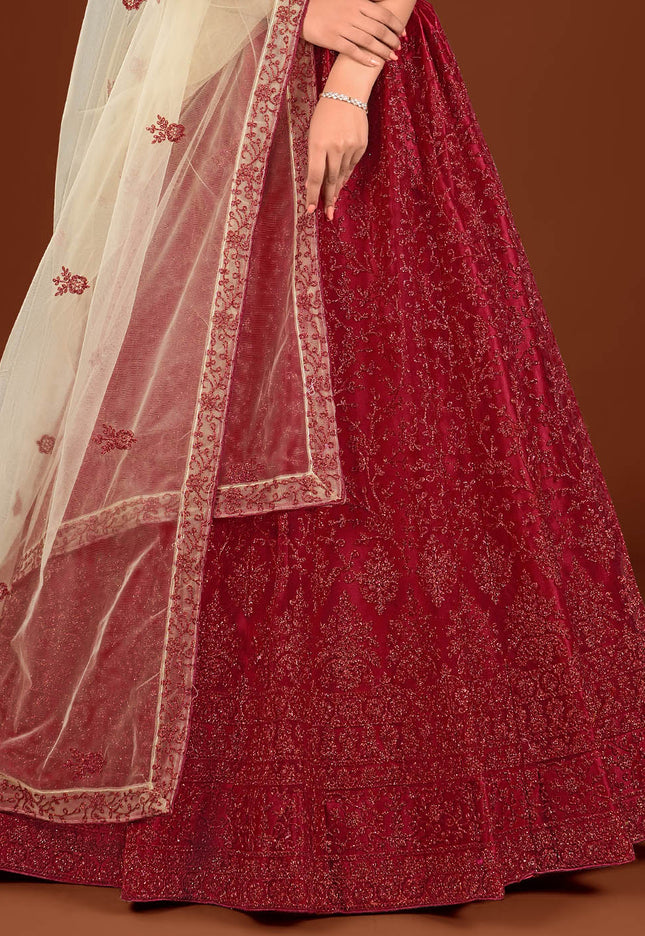 Red Party wear Net Lehenga