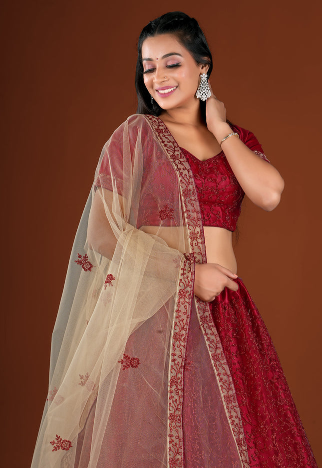 Red Party wear Net Lehenga