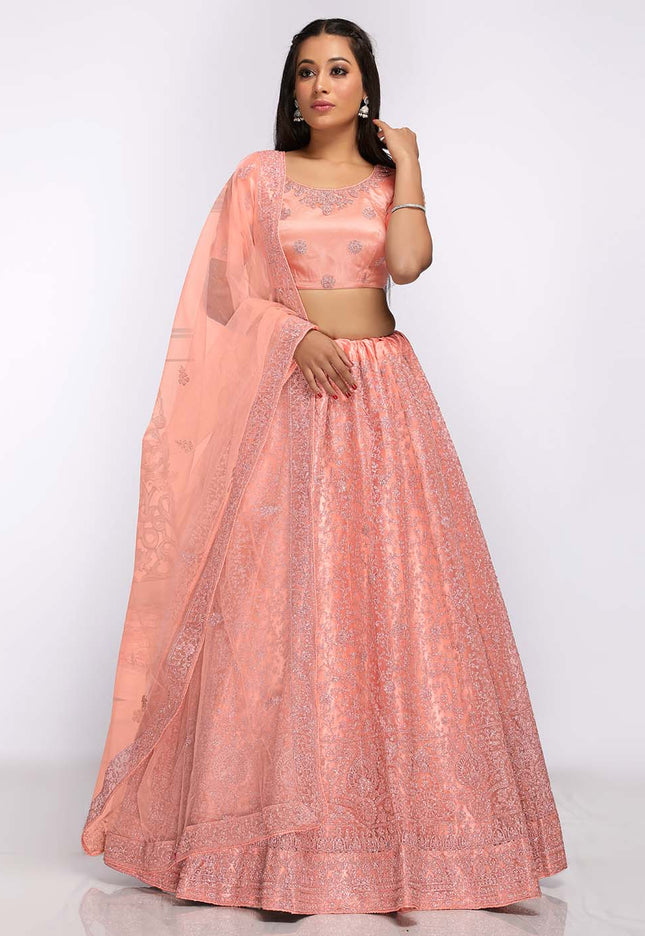 Peach Heavy work Net Lehenga