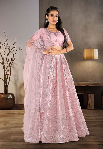 Light Pink Net Semi Stitch Lehenga