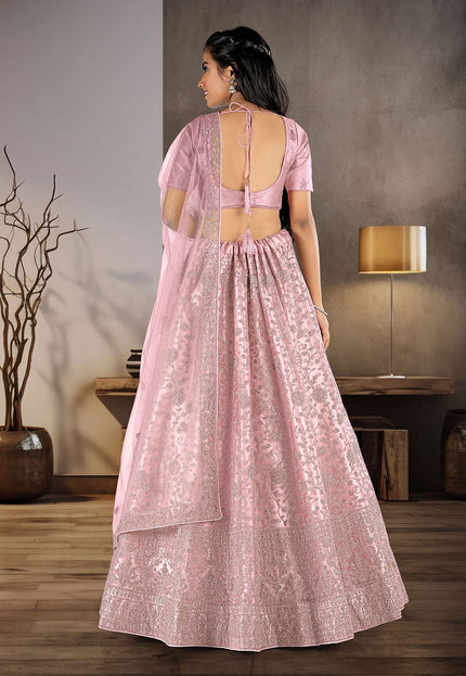 Light Pink Net Semi Stitch Lehenga