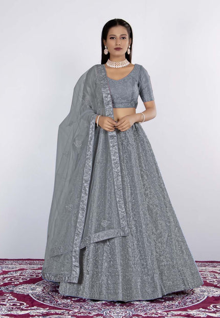 Gray Net Semi Stitch Lehenga