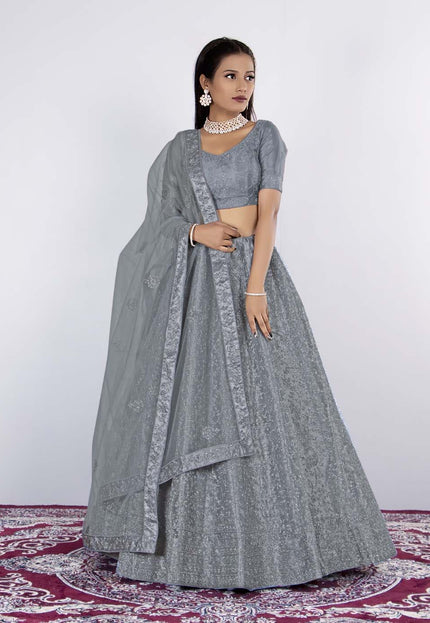 Gray Net Semi Stitch Lehenga