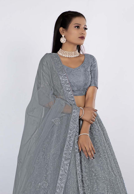 Gray Net Semi Stitch Lehenga