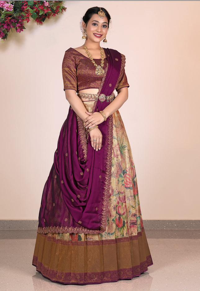 Woman wearing a traditional purple and Chiku Lehenga Choli with a floral pattern