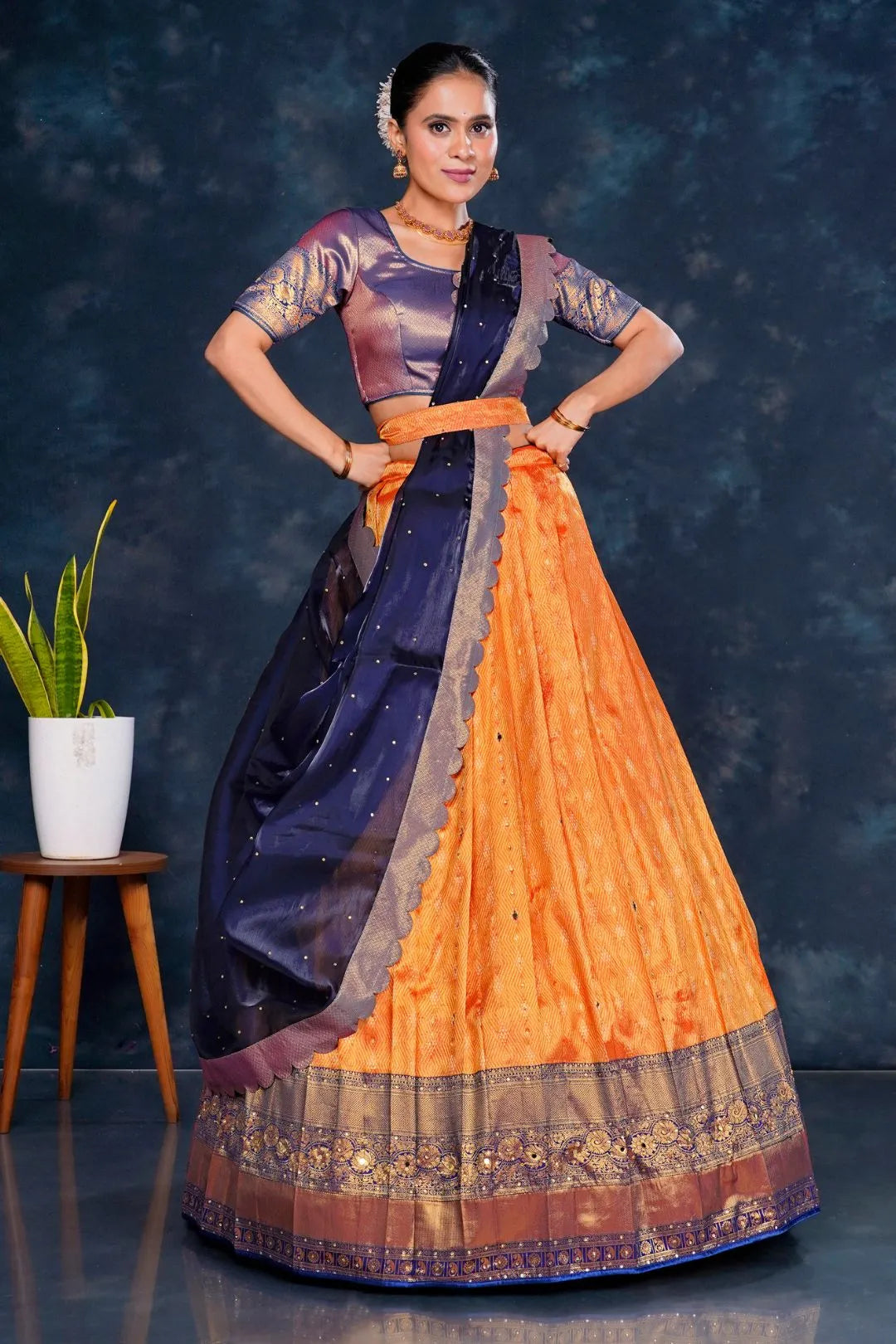 Orange Banarasi Designer Half Saree For Women