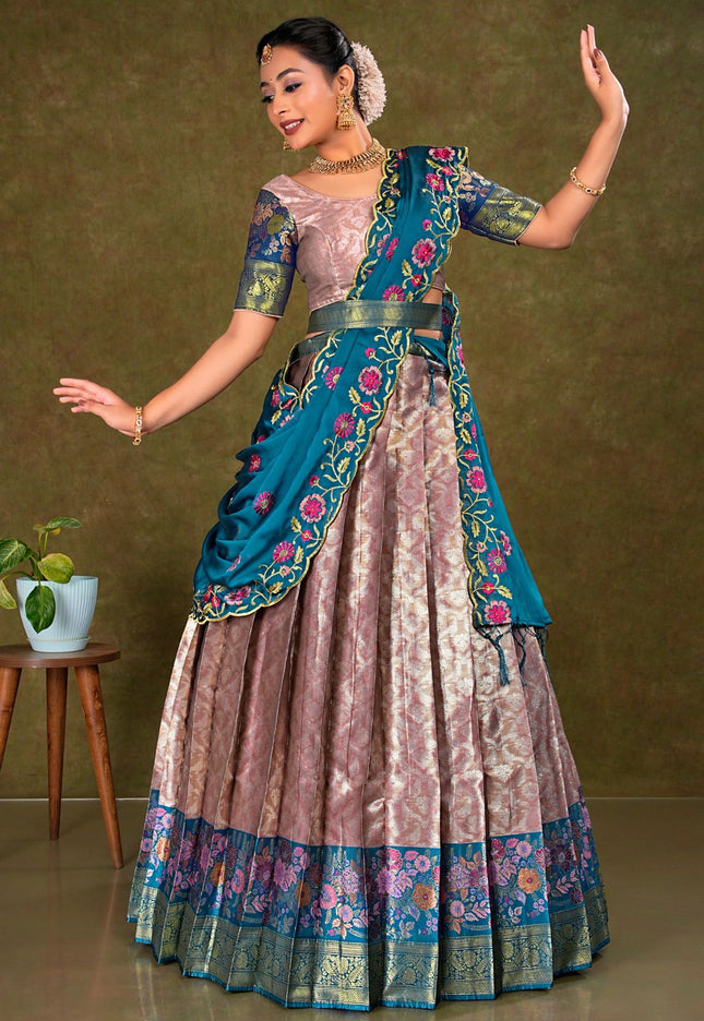 Woman in a traditional lehenga choli with floral patterns