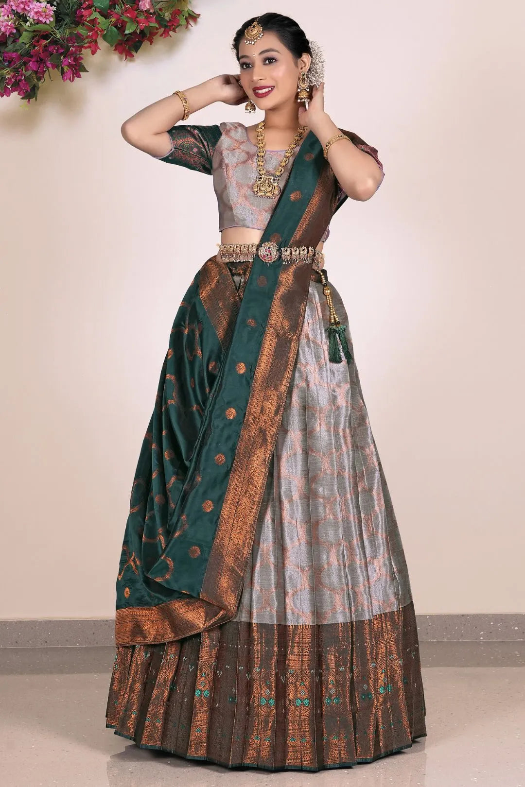 Gray Banarasi Silk Half Saree Lehenga For Women