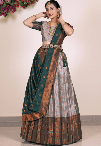 Gray Banarasi Silk Half Saree Lehenga For Women