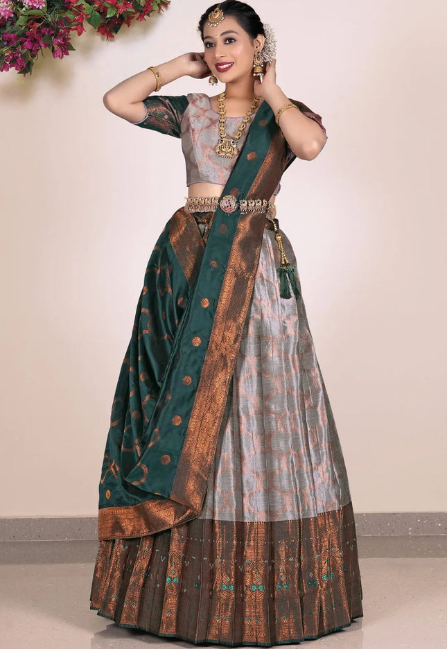 Gray Banarasi Silk Half Saree Lehenga For Women