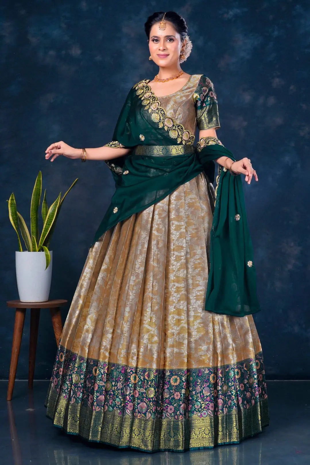 Woman in a traditional lehenga choli with dupatta