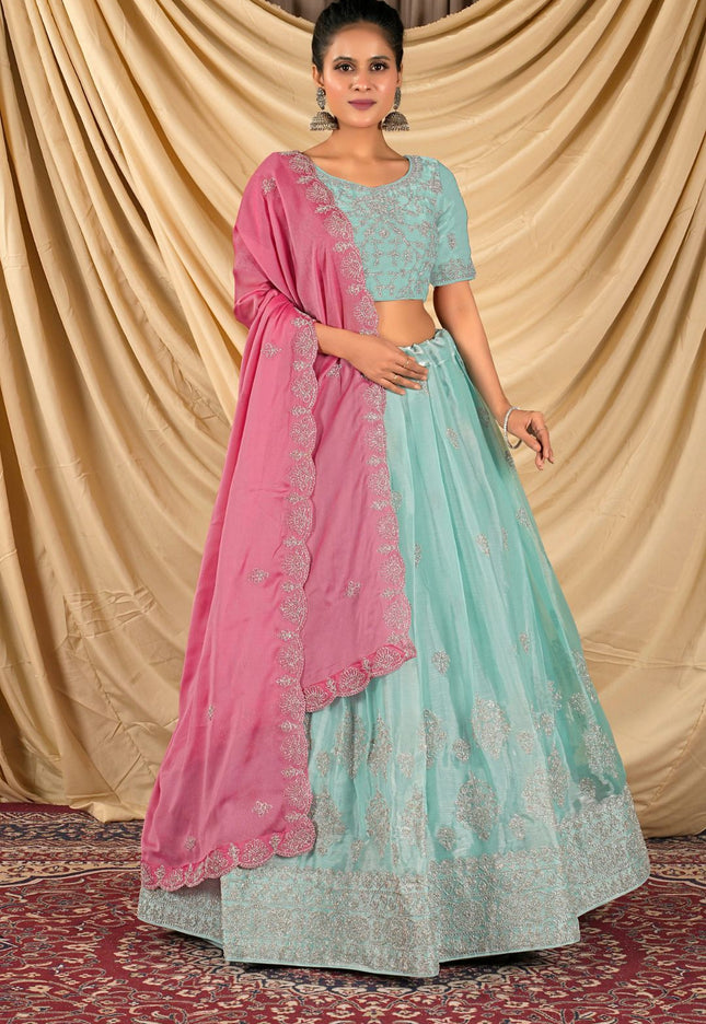 Sea Green Barbery Silk Lehenga Choli With Rangoli Dupatta