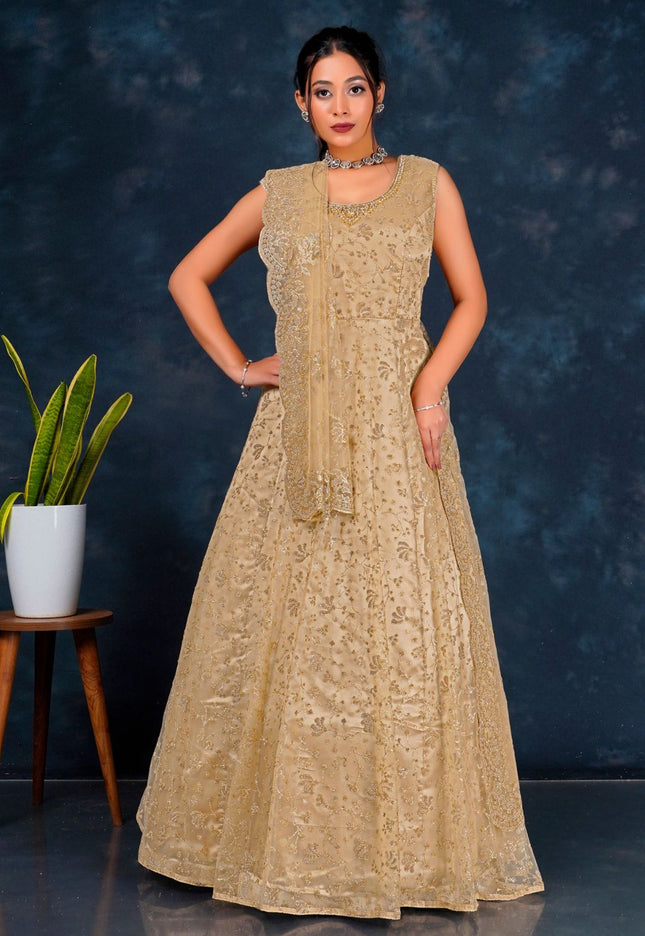 Woman wearing a beige embroidered dress Net Gown For Women
