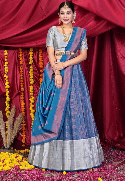 Woman wearing a blue and gray lehenga choli