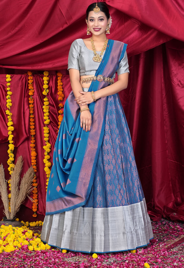 Woman wearing a blue and gray lehenga choli