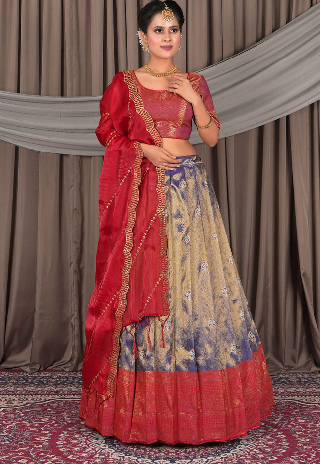 Woman wearing a traditional red and patterned lehenga choli