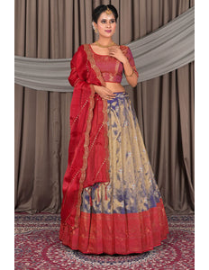 Woman wearing a traditional red and patterned lehenga choli