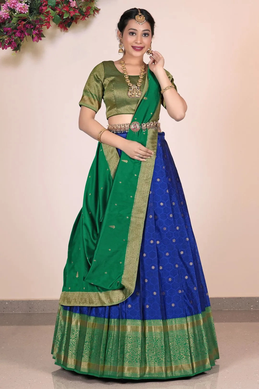 Blue Banarasi Silk Pattu Pavadai For Women