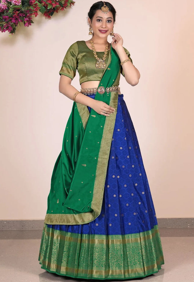 Blue Banarasi Silk Pattu Pavadai For Women