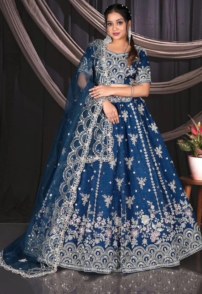 Blue Fendy Silk Zari Lehenga Choli For Women