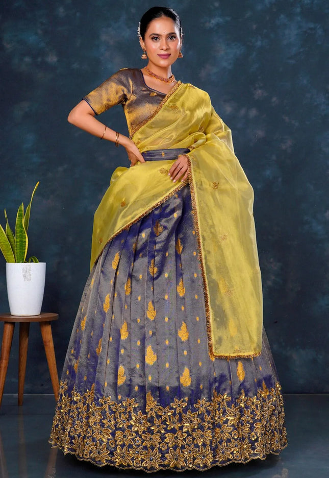 Blue Latest Banarasi Lehenga Choli With Zari Woven