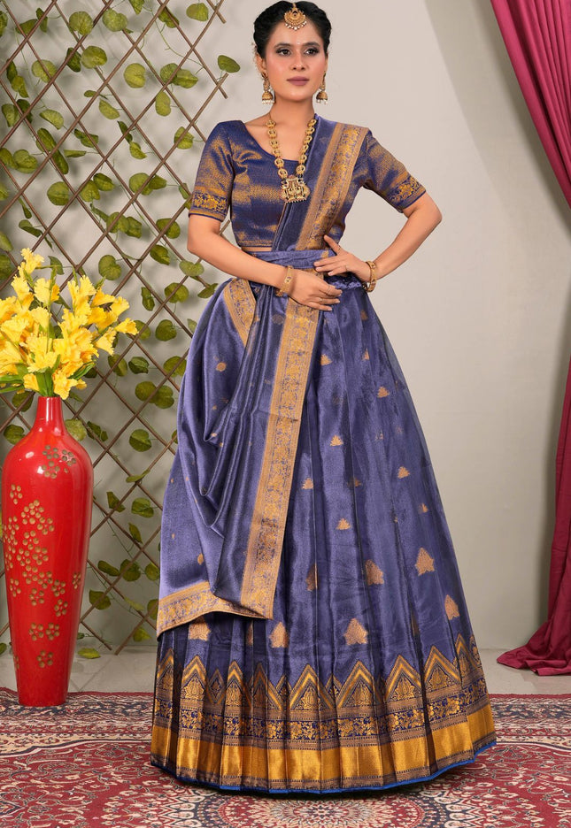 Woman wearing a traditional blue lehenga choli with dupatta