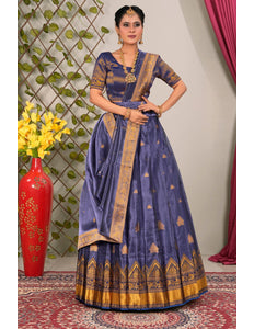 Woman wearing a traditional blue lehenga choli with dupatta