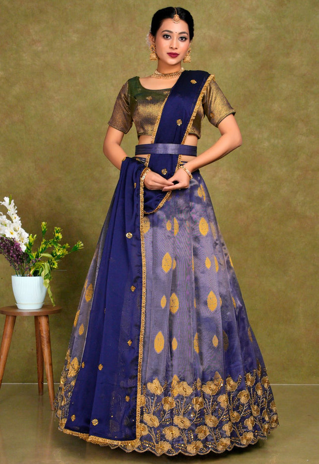 Woman wearing a traditional outfit with a blue and gold skirt